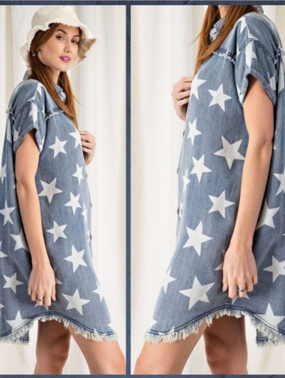 Easel Sz Large Light Blue Star Print Shirt Dress Denim 100% Cotton